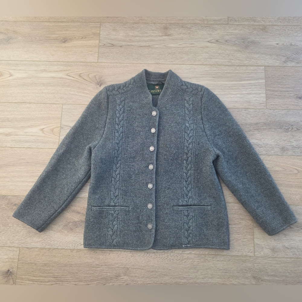 PRISTINE Giesswein Austrian Boiled Wool Gray Cardigan Sweater Jacket Sz 14 - 42